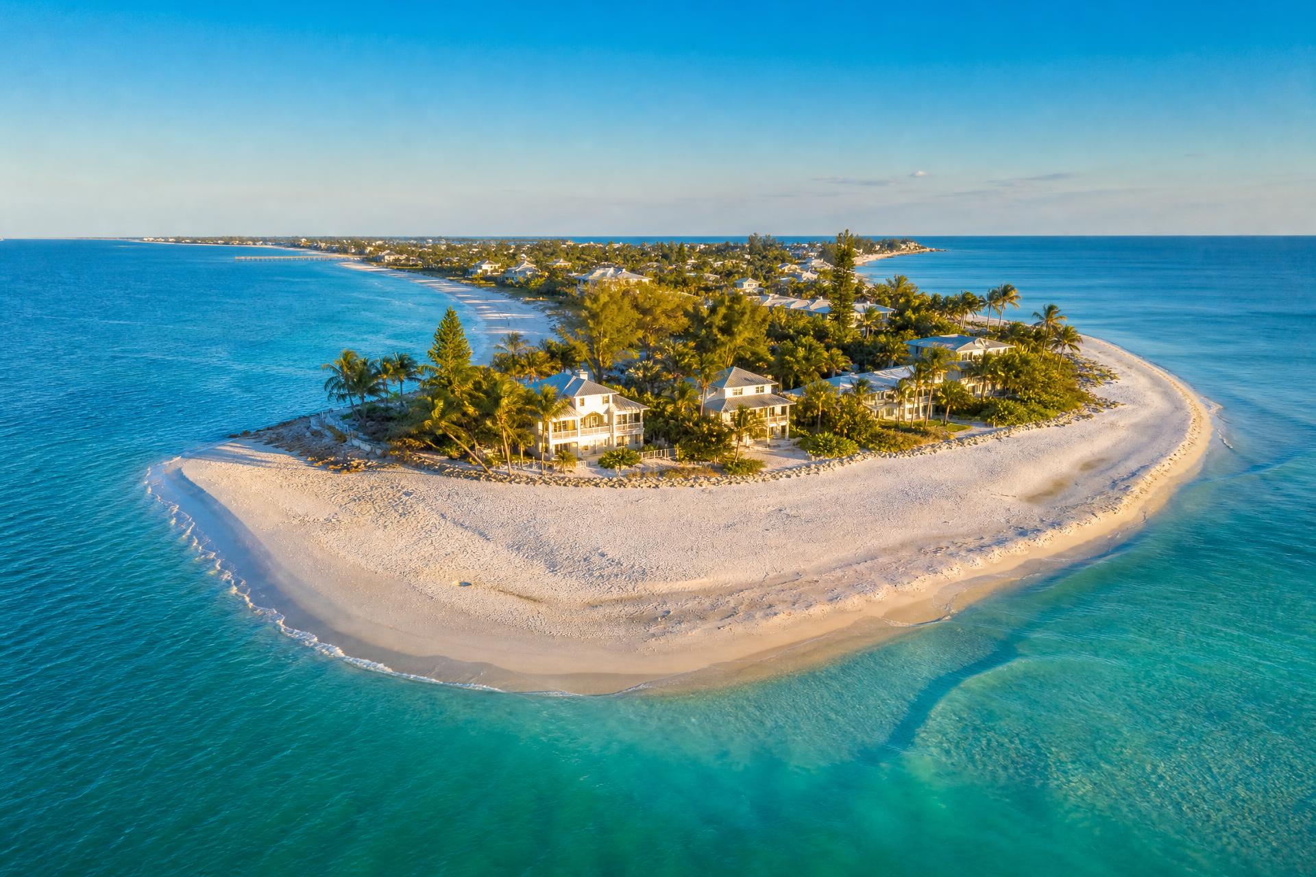 Aerial drone view of the sandy tip of Anna Maria Island