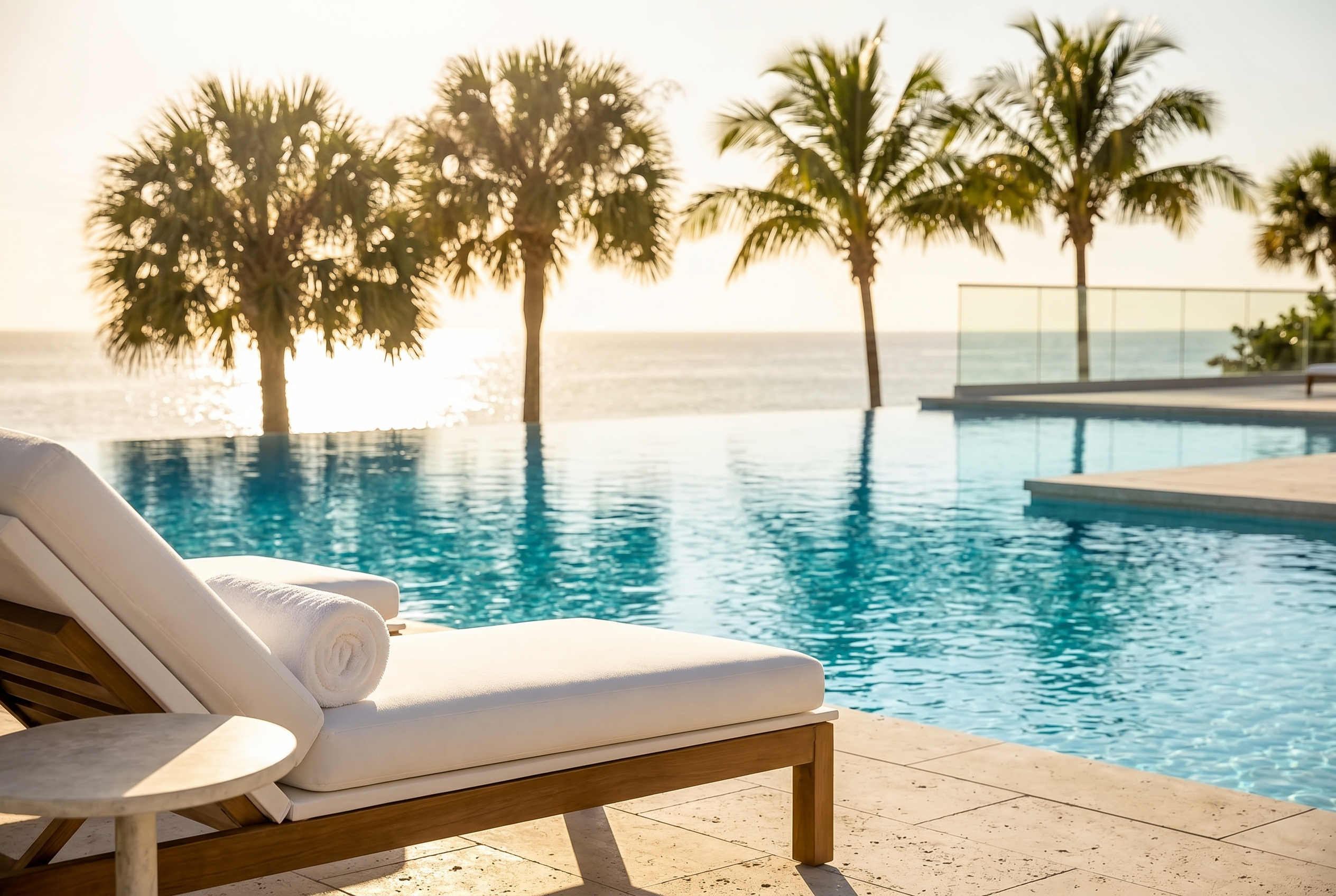 Ultra-modern luxury poolside lounge with palm and turquoise water