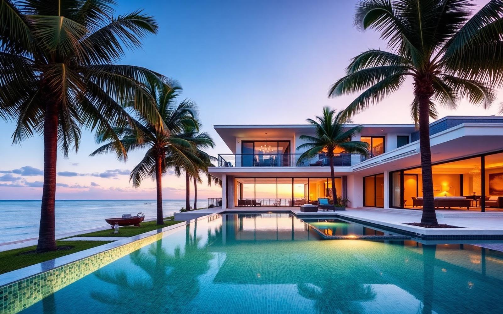 Luxury Florida waterfront villa with infinity pool at golden hour